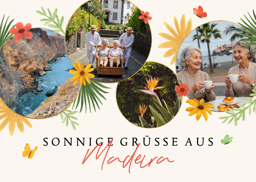 Fotocollage aus Kreisen Portugal Blumen und Schmetterlinge - Urlaubskarten Urlaubskarten - Fotocollage aus Kreisen Portugal Blumen und Schmetterlinge