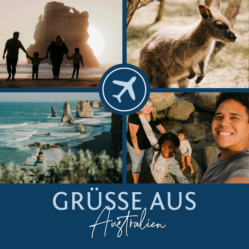 Urlaubskarten - Fotocollage Australien Urlaubskarte Flugzeug auf Blau