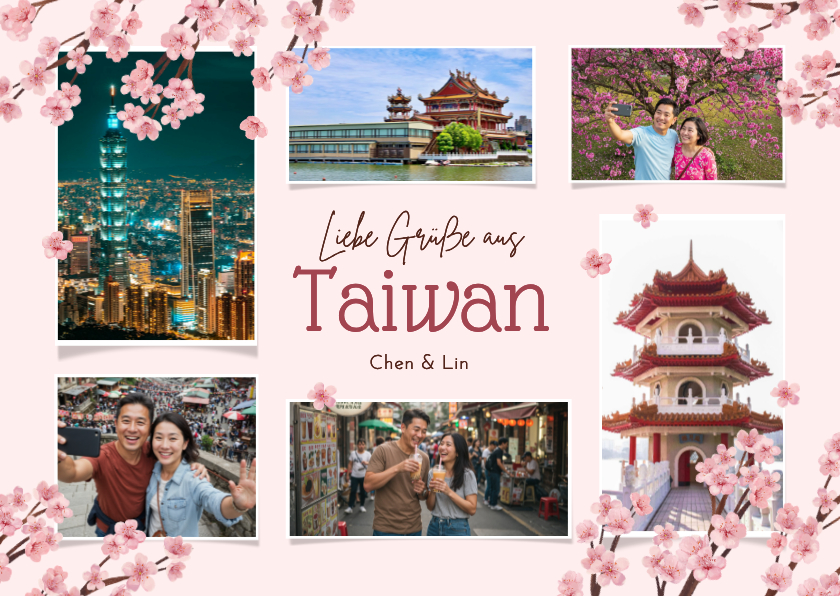 Urlaubskarten - Fotocollage Taiwan Kirschblüten Urlaubskarte