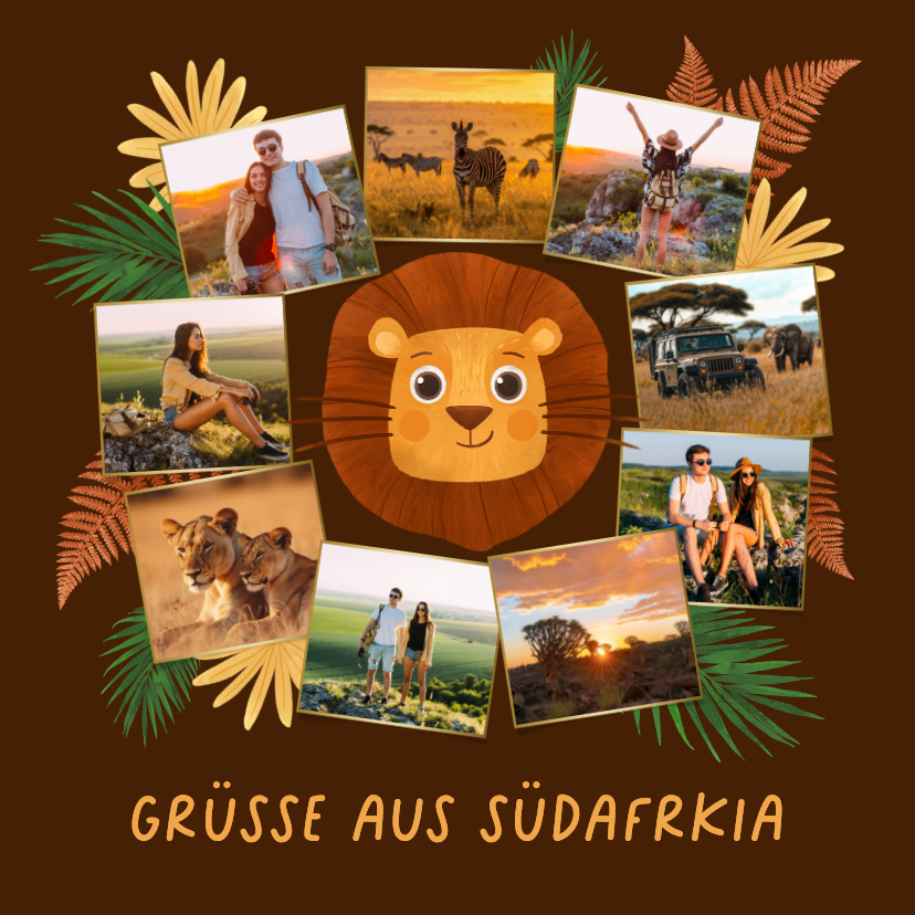 Urlaubskarten - Grußkarte Rundreise Südafrika Löwe & Fotos