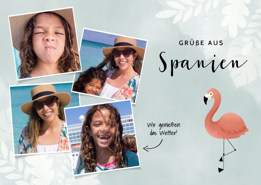 Trendy Urlaubskarte mit eigenen Fotos und Flamingo - Urlaubskarten Urlaubskarten - Trendy Urlaubskarte mit eigenen Fotos und Flamingo