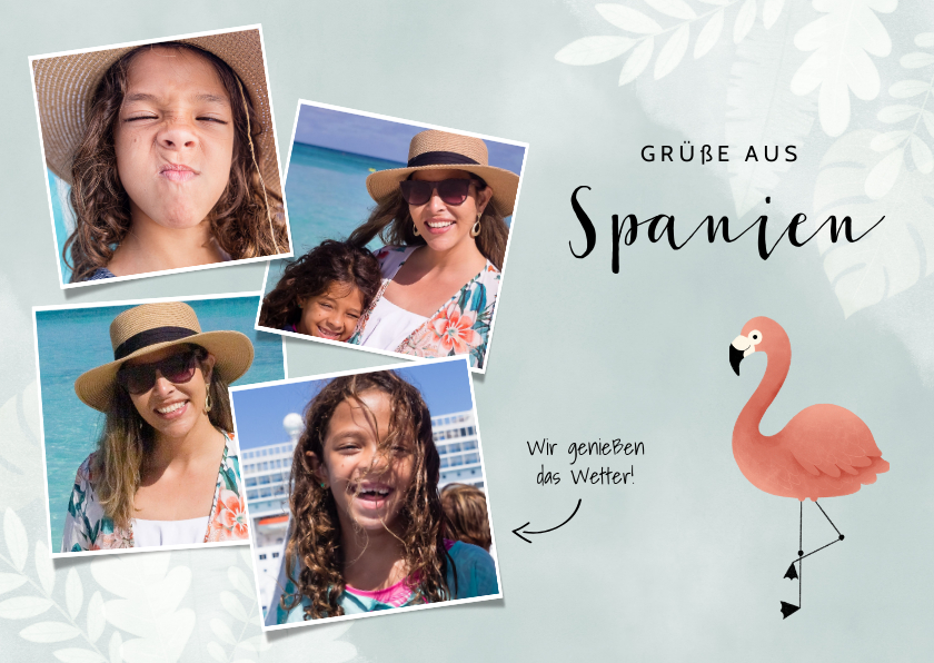 Urlaubskarten - Trendy Urlaubskarte mit eigenen Fotos und Flamingo