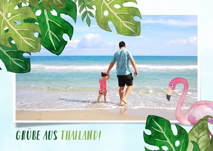 Urlaubskarten - Tropische Urlaubskarte mit eigenem Foto und Flamingo