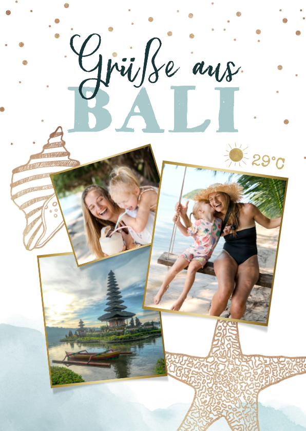 Urlaubskarte Bali Fotocollage Strand Muscheln - Urlaubskarten Urlaubskarten - Urlaubskarte Bali Fotocollage Strand Muscheln