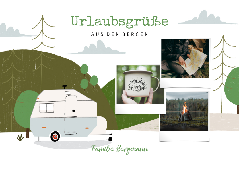 Urlaubskarten - Urlaubskarte Berge und Wohnwagen mit Fotos