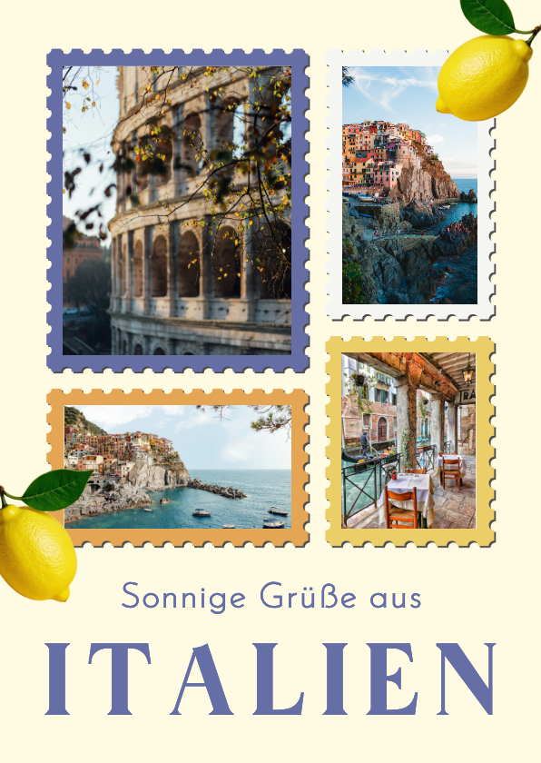 Urlaubskarten - Urlaubskarte Fotocollage Briefmarken Italien