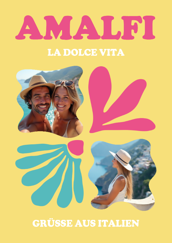 Urlaubskarte Italien Amalfi Posterlook gelb pinkt - Urlaubskarten Urlaubskarten - Urlaubskarte Italien Amalfi Posterlook gelb pinkt