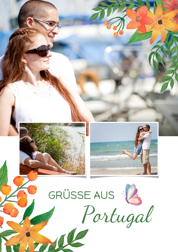 Urlaubskarten - Urlaubskarte mit Fotos und Blumen Land anpassbar