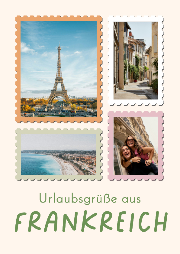 Urlaubskarte Rundreise Frankreich Briefmarken Fotocollage - Urlaubskarten Urlaubskarten - Urlaubskarte Rundreise Frankreich Briefmarken Fotocollage