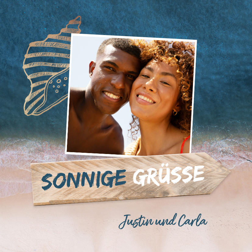 Urlaubskarten - Urlaubskarte Sonnige Grüße mit Foto Strand Meer Muschel