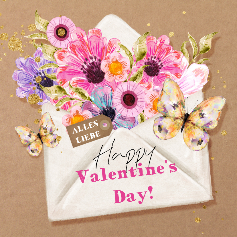 Valentinskarten - Valentinsgrüße Briefumschlag Blumen & Schmetterlinge