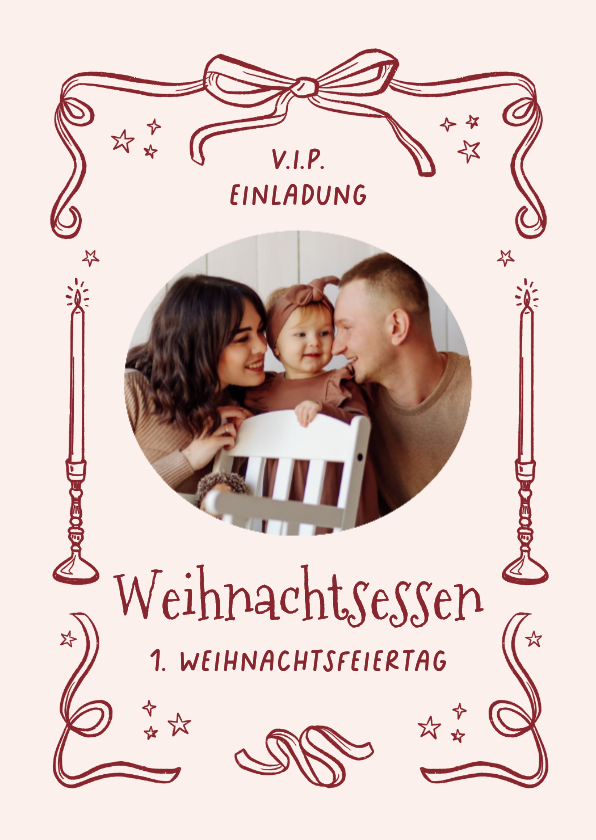 Weihnachtskarten - Einladungskarte Weihnachtsessen Foto Linienzeichnung rosa