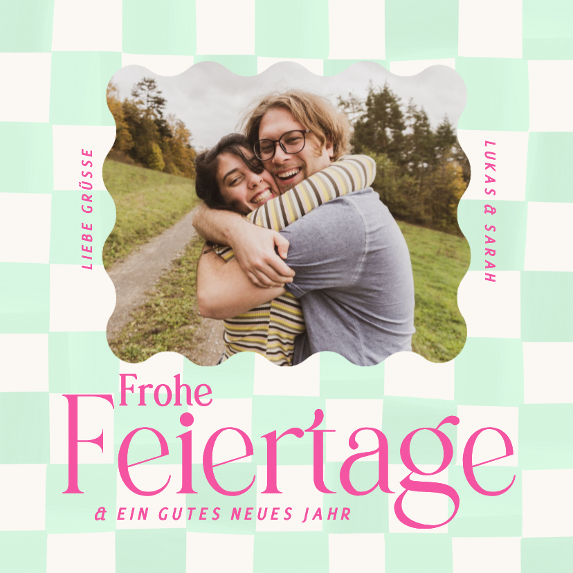 Foto-Karte Weihnachtsgrüße 'Frohe Feiertage' grün-kariert - Weihnachtskarten Weihnachtskarten - Foto-Karte Weihnachtsgrüße 'Frohe Feiertage' grün-kariert