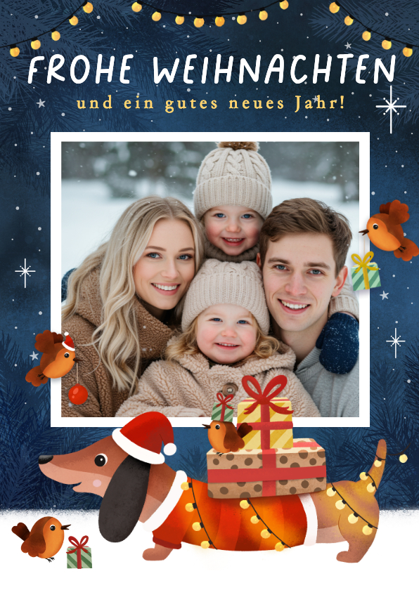 Weihnachtskarten - Foto-Weihnachtskarte Dackel Geschenke Lichterkette