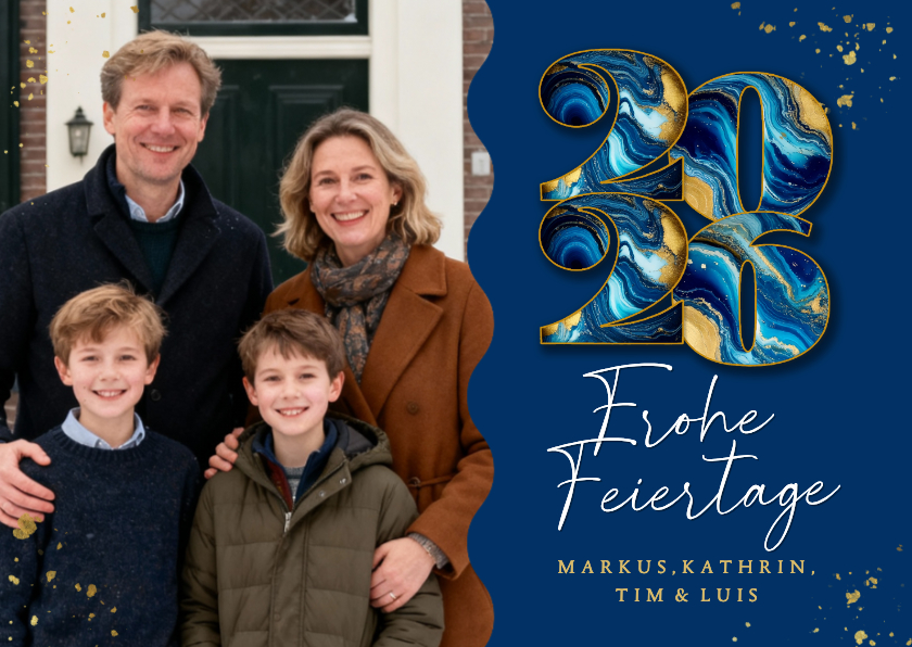 Foto-Weihnachtskarte Jahreszahl Marmor-Look blau 2026 - Weihnachtskarten Weihnachtskarten - Foto-Weihnachtskarte Jahreszahl Marmor-Look blau 2026