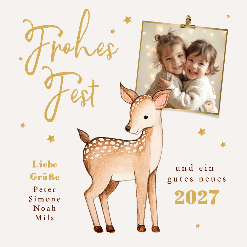 Foto-Weihnachtskarte kleines Reh wünscht Frohes Fest - Weihnachtskarten Weihnachtskarten - Foto-Weihnachtskarte kleines Reh wünscht Frohes Fest