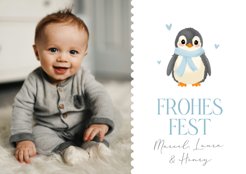 Foto-Weihnachtskarte Pinguin mit Schal hellblau - Weihnachtskarten Weihnachtskarten - Foto-Weihnachtskarte Pinguin mit Schal hellblau