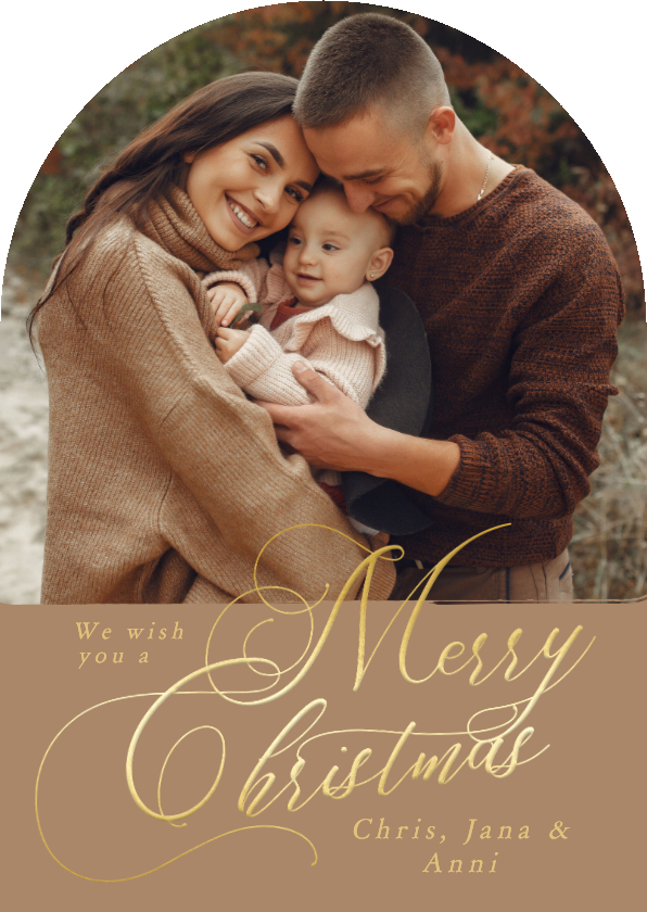 Foto-Weihnachtskarte Schriftzug Bogenkarte auf Braun - Weihnachtskarten Weihnachtskarten - Foto-Weihnachtskarte Schriftzug Bogenkarte auf Braun