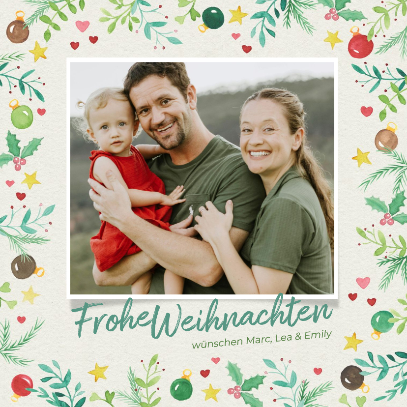 Foto-Weihnachtskarte Weihnachtszweige & Kugeln - Weihnachtskarten Weihnachtskarten - Foto-Weihnachtskarte Weihnachtszweige & Kugeln