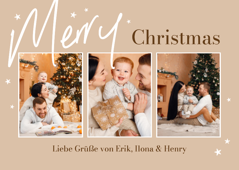 Fotocollage Merry Christmas braun weiße Sterne 3 Fotos - Weihnachtskarten Weihnachtskarten - Fotocollage Merry Christmas braun weiße Sterne 3 Fotos