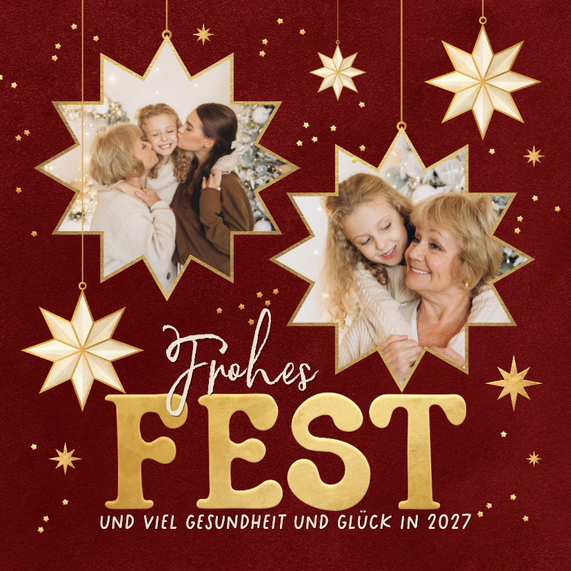 Fotocollage Sterne Weihnachten Frohes Fest dunkelrot - Weihnachtskarten Weihnachtskarten - Fotocollage Sterne Weihnachten Frohes Fest dunkelrot
