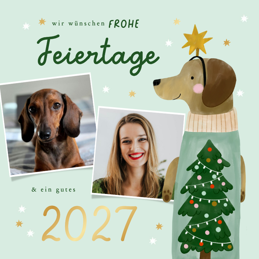Fotocollage Weihnachtskarte Dackel mit Pulli und Haarreif - Weihnachtskarten Weihnachtskarten - Fotocollage Weihnachtskarte Dackel mit Pulli und Haarreif