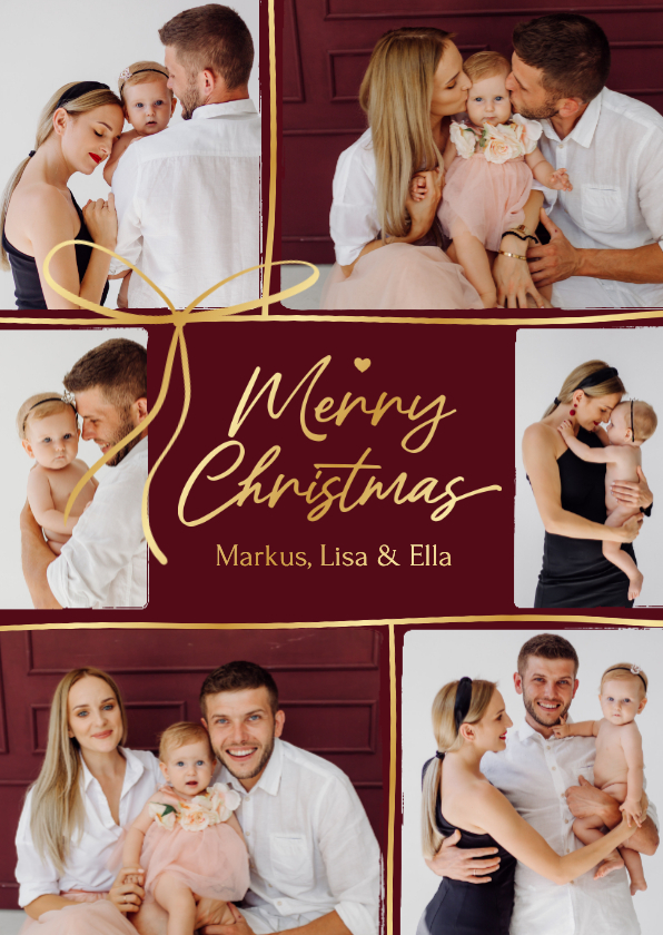 Fotocollage Weihnachtskarte dunkelrot Goldschleife - Weihnachtskarten Weihnachtskarten - Fotocollage Weihnachtskarte dunkelrot Goldschleife