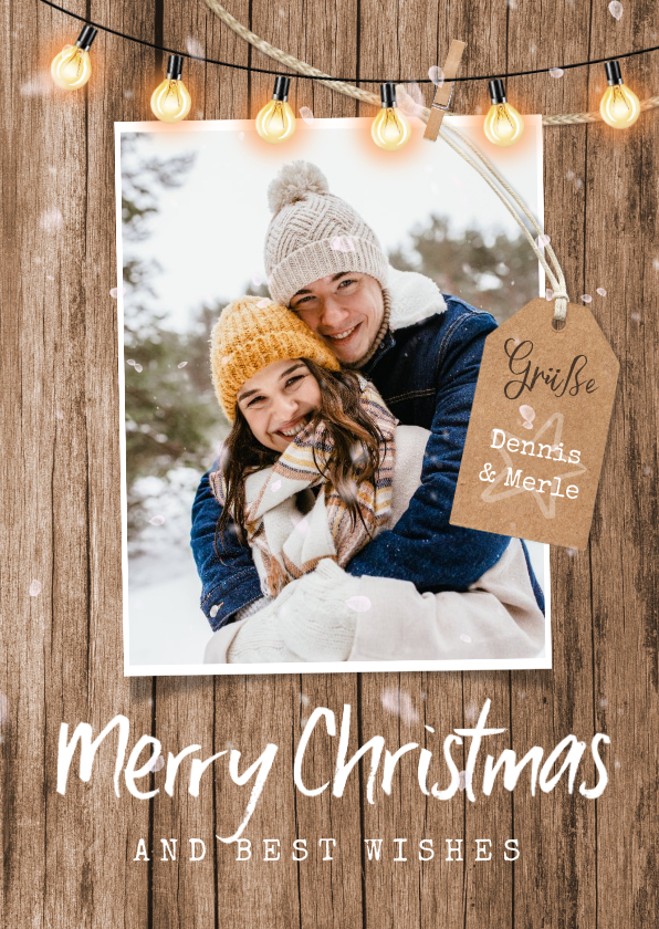 Weihnachtskarten - Fotokarte Weihnachtsgrüße Holzhintergrund