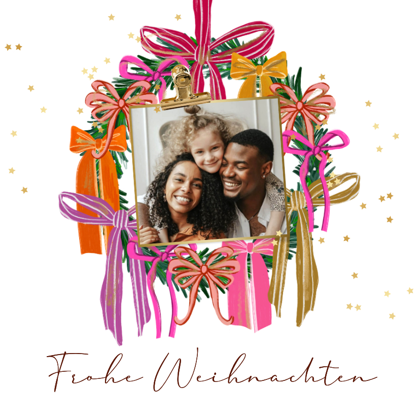 Weihnachtskarten - Fröhliche Foto-Weihnachtskarte Kranz mit Schleifen
