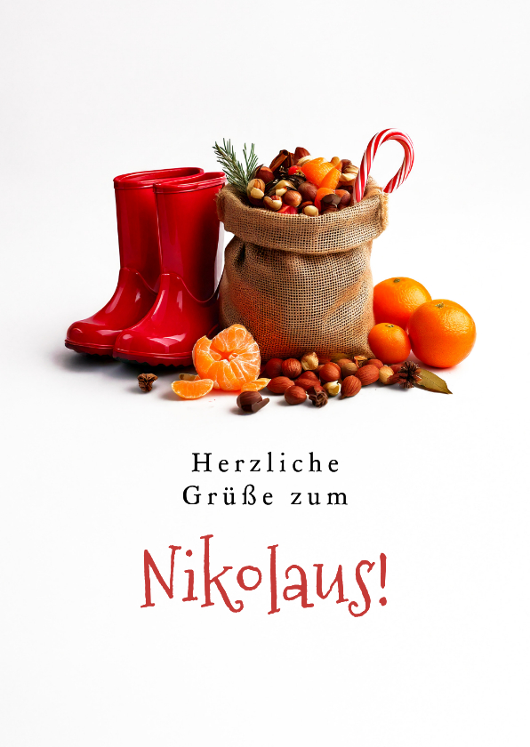 Weihnachtskarten - Grußkarte Nikolaus Gummistiefel Sack Nüsse Mandarinen
