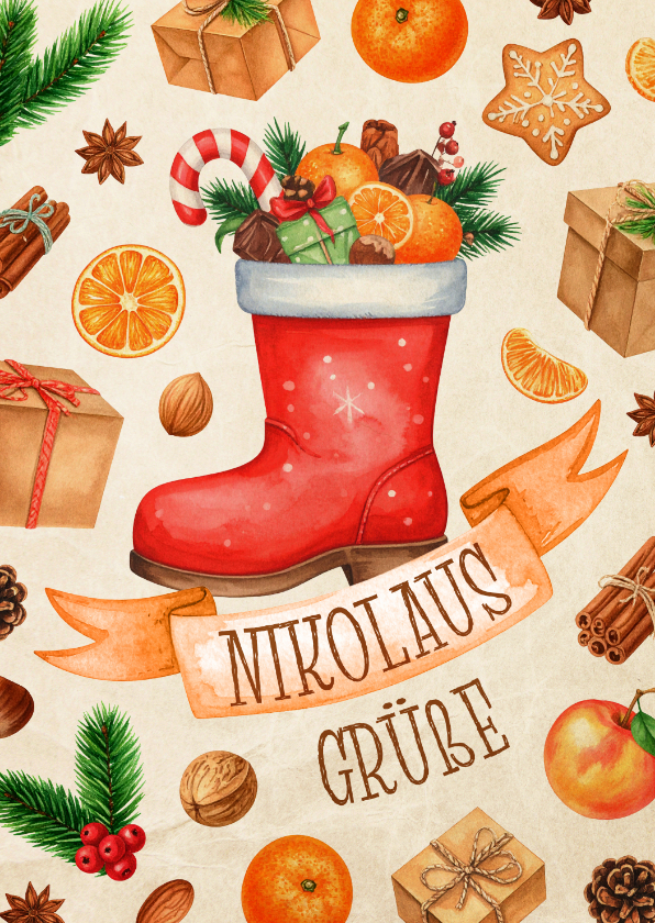 Weihnachtskarten - Grußkarte Nikolausstiefel Leckereien 'Nikolausgrüße'