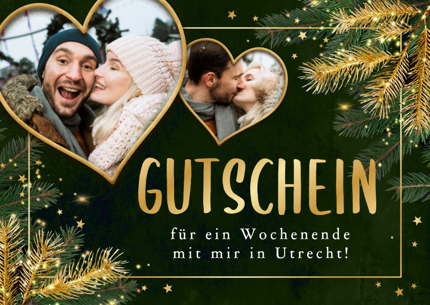 Gutscheinkarte Fotocollage Weihnachten Herzen Tannenzweige  - Weihnachtskarten Weihnachtskarten - Gutscheinkarte Fotocollage Weihnachten Herzen Tannenzweige
