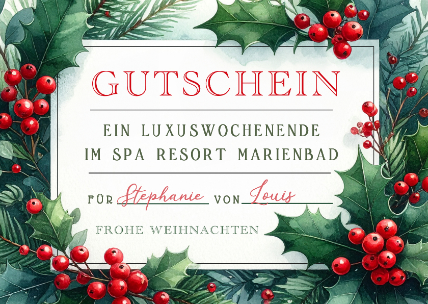 Weihnachtskarten - Gutscheinkarte Weihnachten botanisch Ilex Aquarell