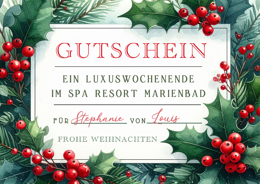 Gutscheinkarte Weihnachten botanisch Ilex Aquarell - Weihnachtskarten Weihnachtskarten - Gutscheinkarte Weihnachten botanisch Ilex Aquarell