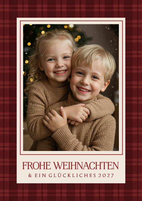 Klassische Weihnachtskarte Tartan dunkelrot mit Foto - Weihnachtskarten Weihnachtskarten - Klassische Weihnachtskarte Tartan dunkelrot mit Foto