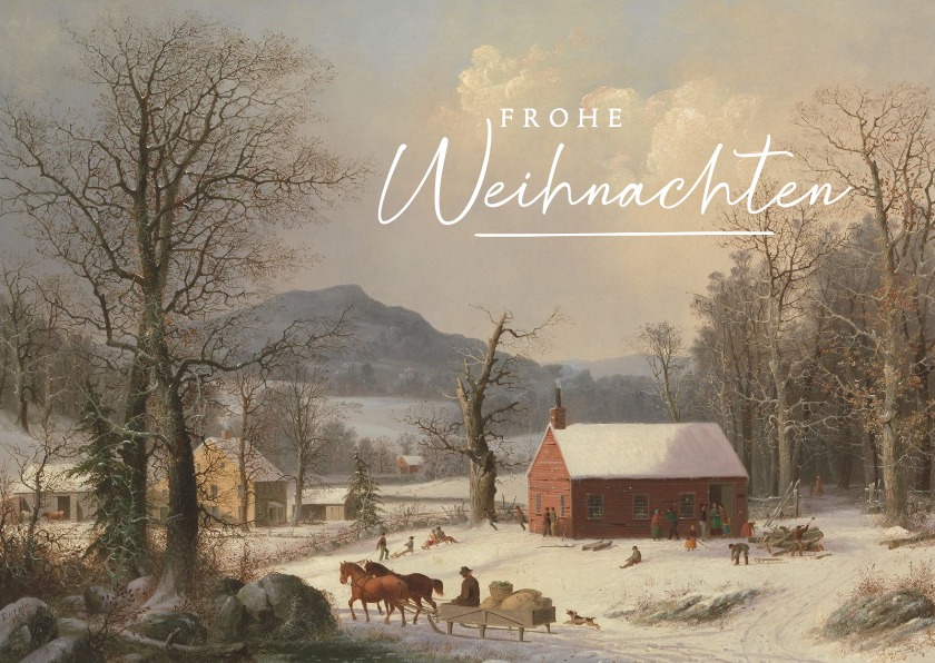 Weihnachtskarten - Kunst-Weihnachtskarte Winterlandschaft, Schule & Schlitten