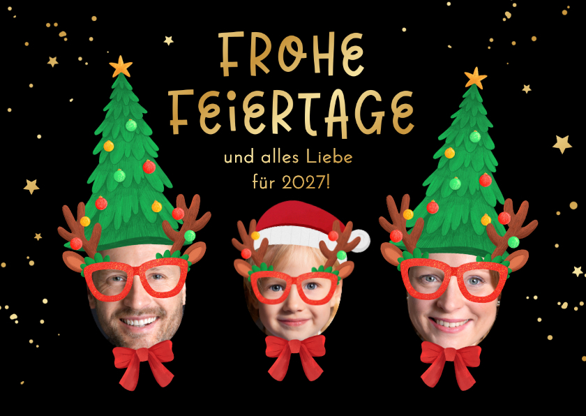Weihnachtskarten - Lustige Weihnachtskarte 3 Porträts mit Hüten und Brillen