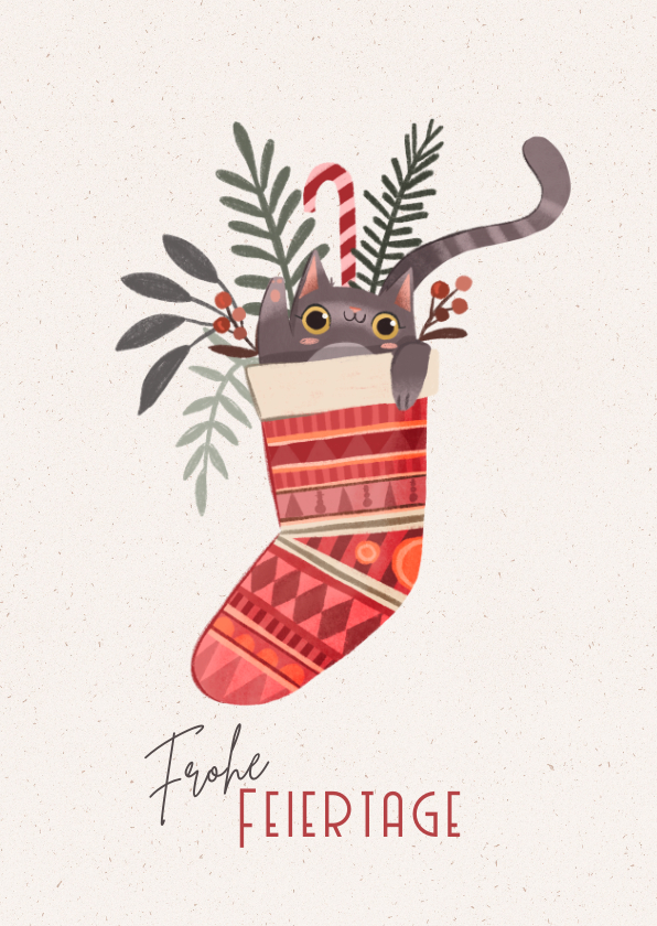 Weihnachtskarten - Lustige Weihnachtskarte Katze in Socke