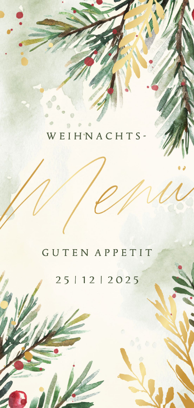 Weihnachtskarten - Menükarte Weihnachtsessen Aquarell Tannenzweige