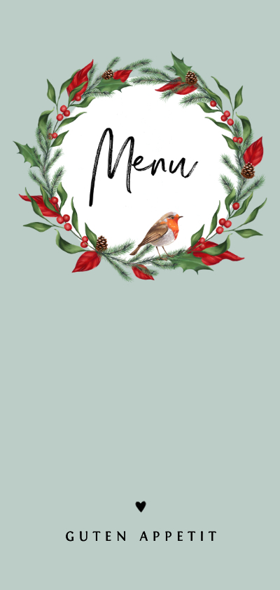 Menükarte zum Weihnachtsessen Kranz mit Vogel - Weihnachtskarten Weihnachtskarten - Menükarte zum Weihnachtsessen Kranz mit Vogel