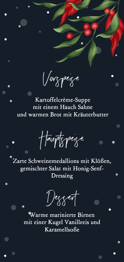 Menükarte zum Weihnachtsessen Nachthimmel & Ilex - Weihnachtskarten Weihnachtskarten - Menükarte zum Weihnachtsessen Nachthimmel & Ilex