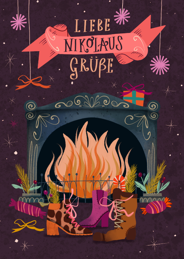 Weihnachtskarten - Nikolaus-Grußkarte Kaminfeuer