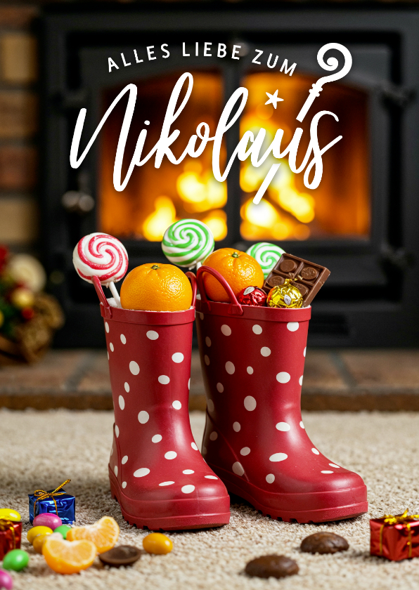 Nikolaus Weihnachtskarte gefüllte Stiefel Kamin - Weihnachtskarten Weihnachtskarten - Nikolaus Weihnachtskarte gefüllte Stiefel Kamin