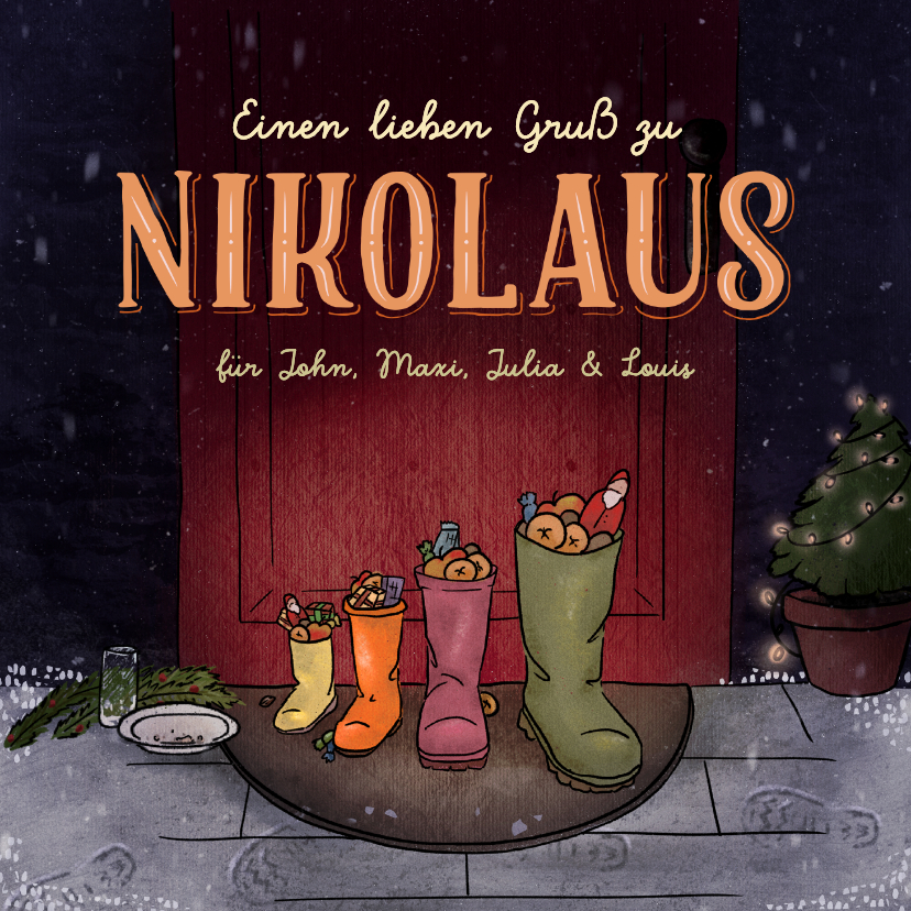 Weihnachtskarten - Nikolauskarte 4 Stiefel mit Fußspuren im Schnee