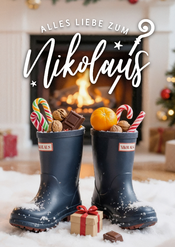 Nikolauskarte Gummistiefel Schnee Kamin Adventsgrüße - Weihnachtskarten Weihnachtskarten - Nikolauskarte Gummistiefel Schnee Kamin Adventsgrüße