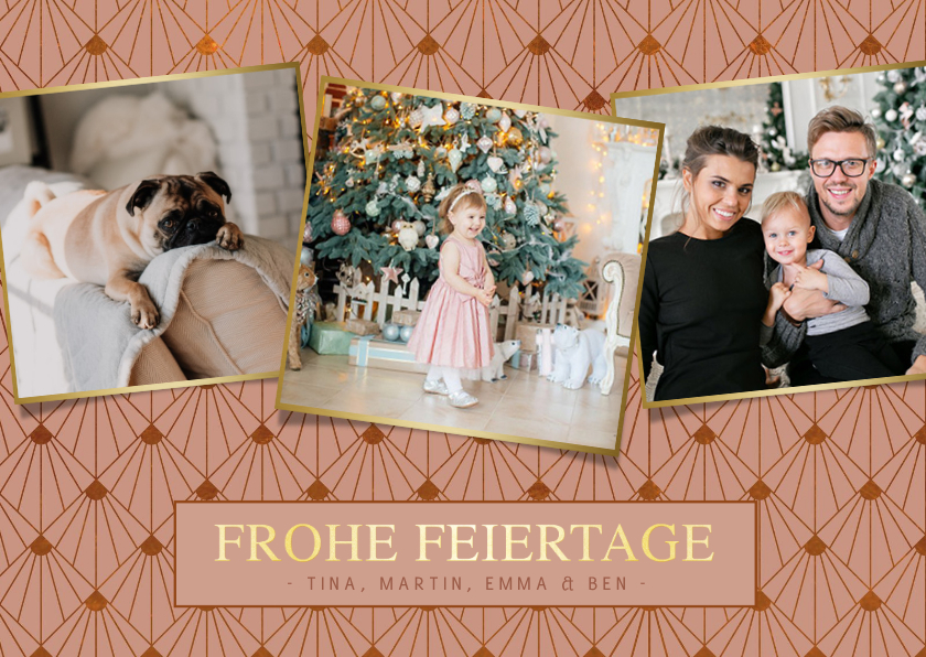 Stilvolle Weihnachtskarte altrosa mit drei eigenen Fotos - Weihnachtskarten Weihnachtskarten - Stilvolle Weihnachtskarte altrosa mit drei eigenen Fotos