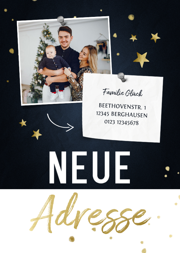 Weihnachtskarten - Umzugs-Weihnachtskarte mit Foto und Sternen