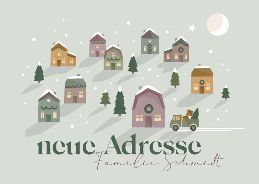 Umzugskarte Weihnachten Häuser mit Umzugswagen - Weihnachtskarten Weihnachtskarten - Umzugskarte Weihnachten Häuser mit Umzugswagen