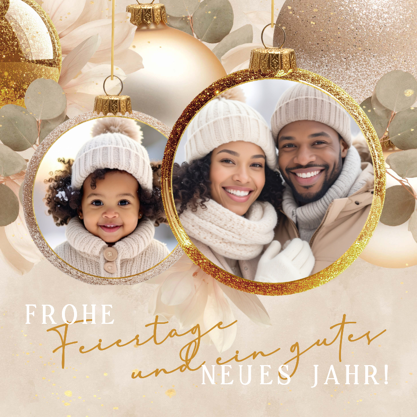 Weihnachtskarten - Wehnachtskkarte Kugeln Glitzer mit Fotos gold beige
