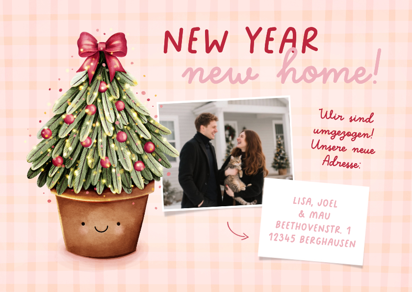 Weihnachten Umzugskarte Tannenbaum im Topf kariert Foto - Weihnachtskarten Weihnachtskarten - Weihnachten Umzugskarte Tannenbaum im Topf kariert Foto